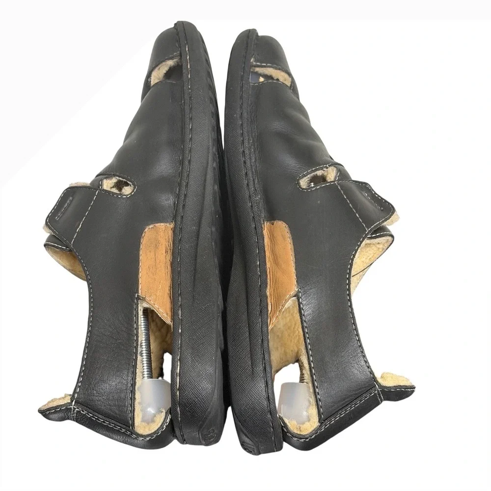 UGG Sandals Men 14 Black Leather Shearling Lined Fisherman Slipper S/N 1635